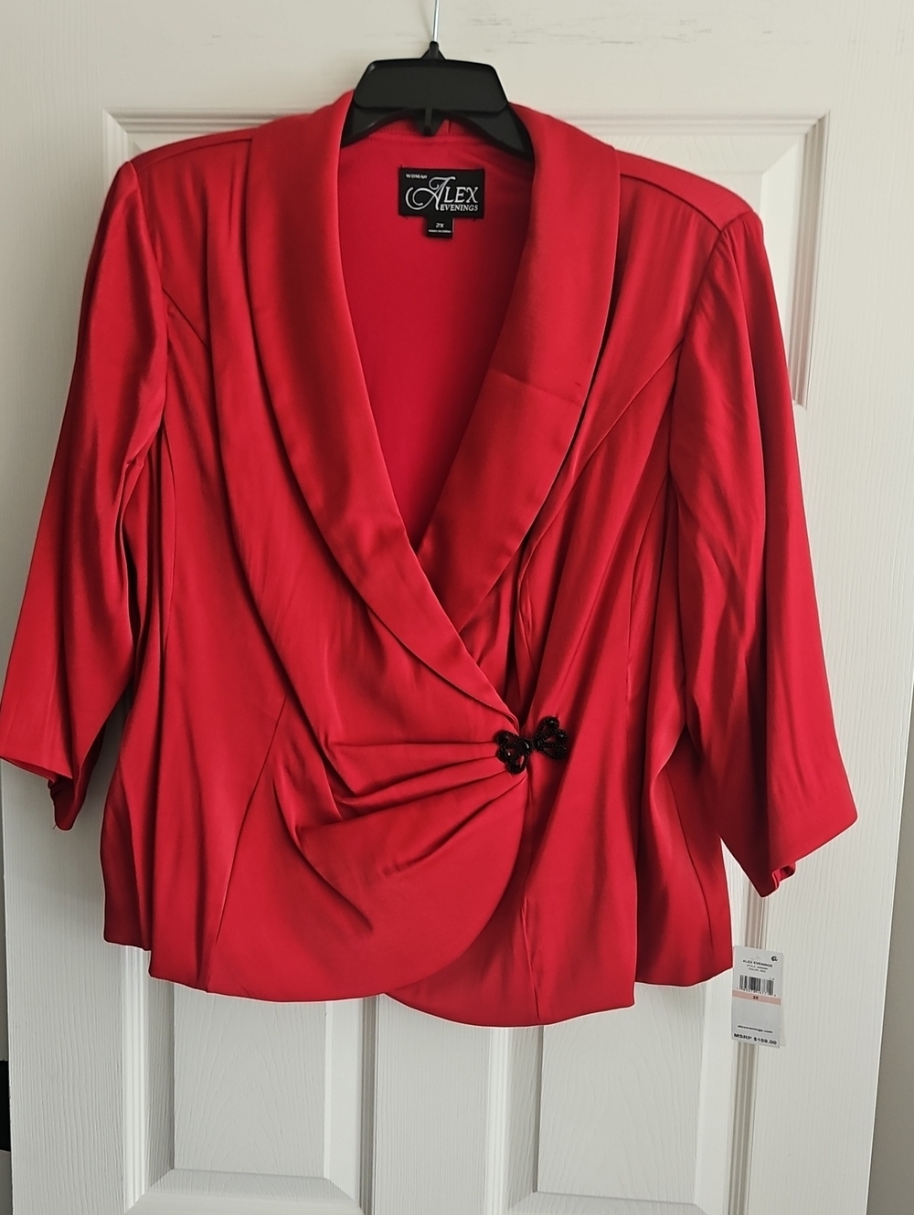 Alex Evenings 3/4 Sleeve Shawl-collar Blouse:Color- RedW/Black Jeweled Bow: 2X